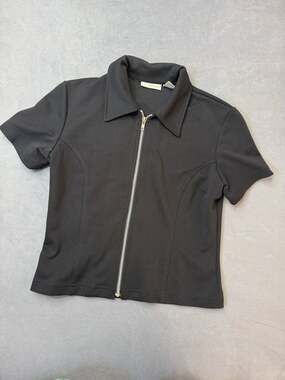Basic Equipment Vintage Y2K Zip Front Top Black Collared Short Sleeve Women's S